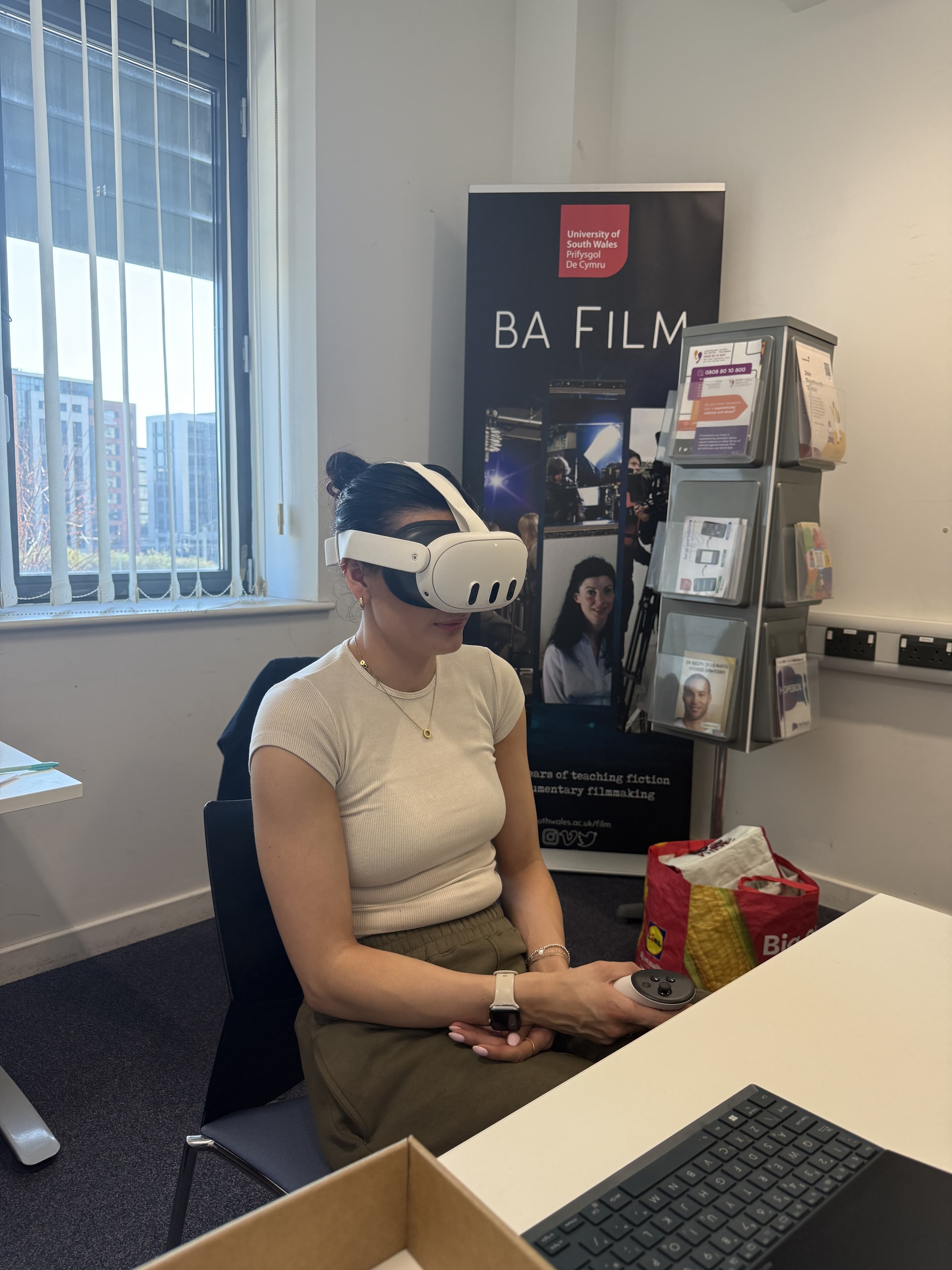 VR participant in headset, warm cinematic light